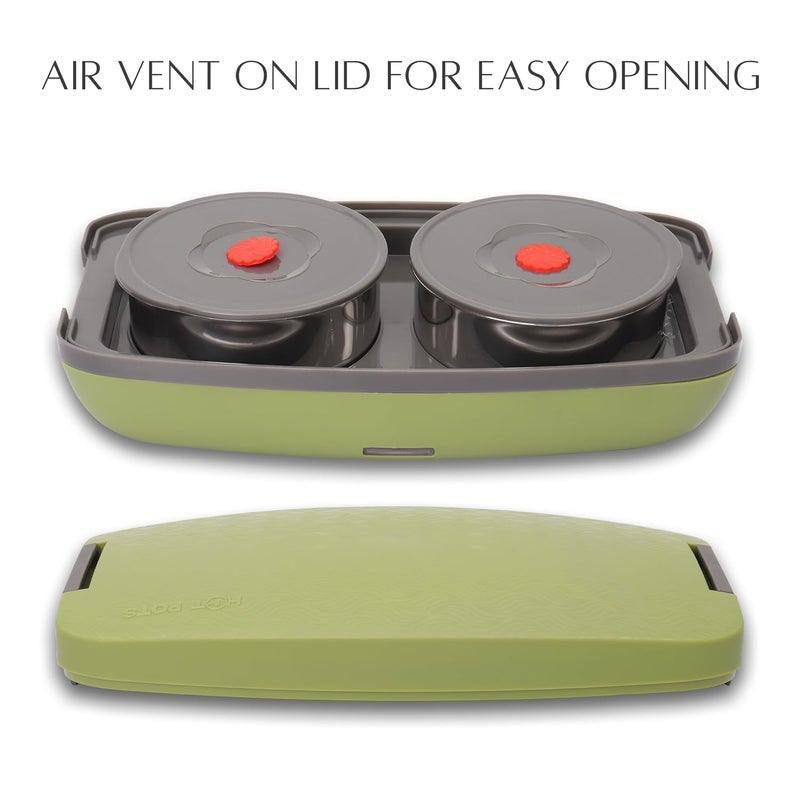 JAYPEE PLUS صندوق غداء كهربائي مع 2 حاويات ستانلس ستيل قابلة للإزالة 250 مل x2 مع سلك طاقة | فتحة تهوية في الغطاء | ختم سيليكون مضاد للتسرب | مؤشر LED | مضاد للصدمات | أخضر - Image 3