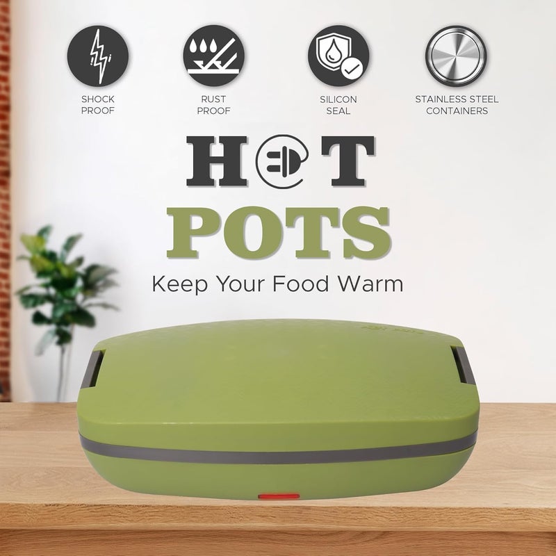 JAYPEE PLUS صندوق غداء كهربائي مع 2 حاويات ستانلس ستيل قابلة للإزالة 250 مل x2 مع سلك طاقة | فتحة تهوية في الغطاء | ختم سيليكون مضاد للتسرب | مؤشر LED | مضاد للصدمات | أخضر - Image 5