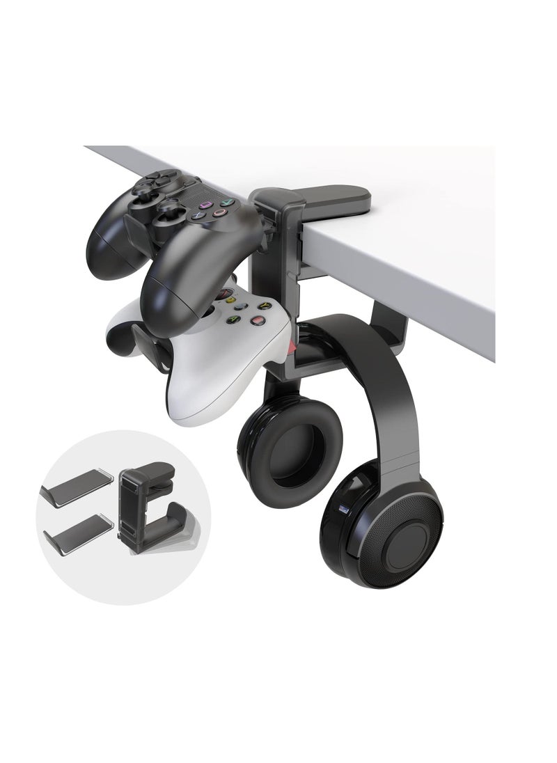 3-in-1 PC Gaming Headset and Controller Holder, Headphone Stand with Adjustable Clamp, 2 Controller Holders, Rotating Arm, and Cable Organizer, Universal PC Gaming Accessory Controller Headset Stand - Image 1