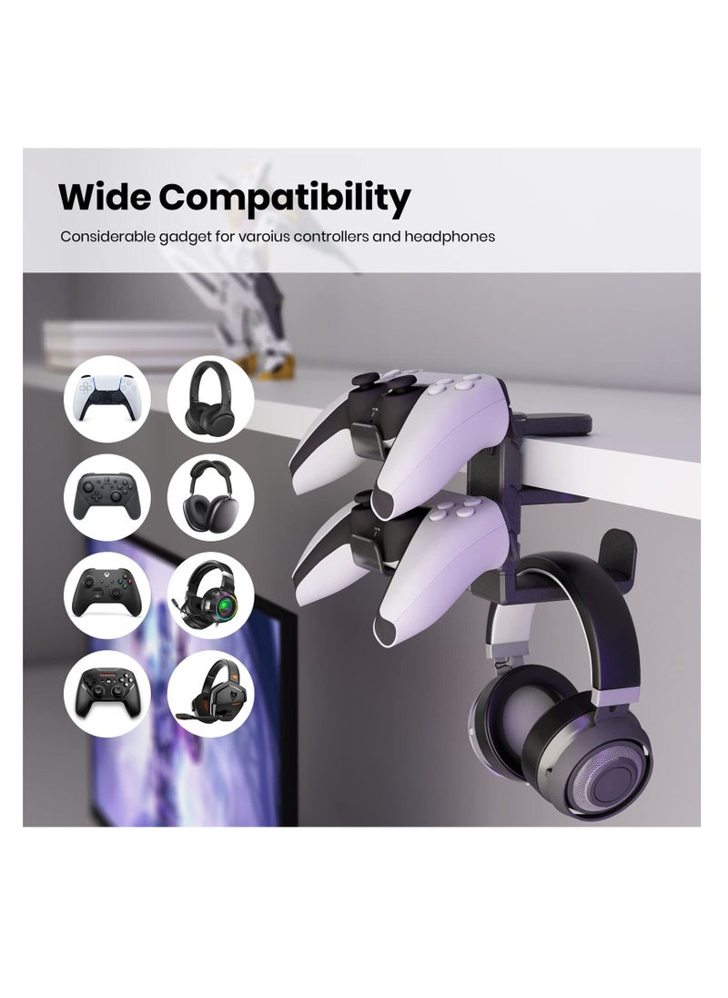 3-in-1 PC Gaming Headset and Controller Holder, Headphone Stand with Adjustable Clamp, 2 Controller Holders, Rotating Arm, and Cable Organizer, Universal PC Gaming Accessory Controller Headset Stand - Image 3