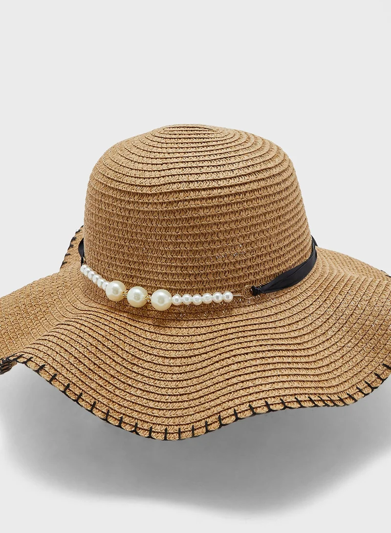 ELLA Beige Bow Pearl Band Wide Brim Hat for Women | Best Price UAE