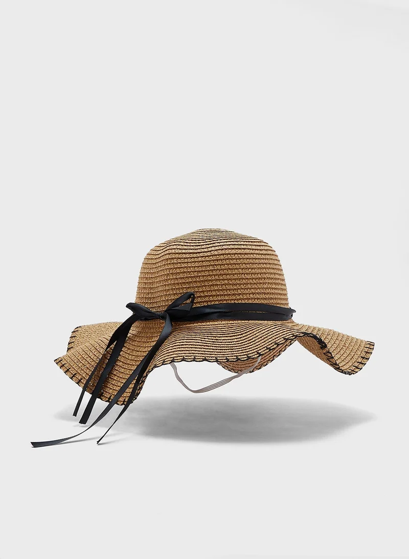 ELLA Beige Bow Pearl Band Wide Brim Hat for Women | Best Price UAE
