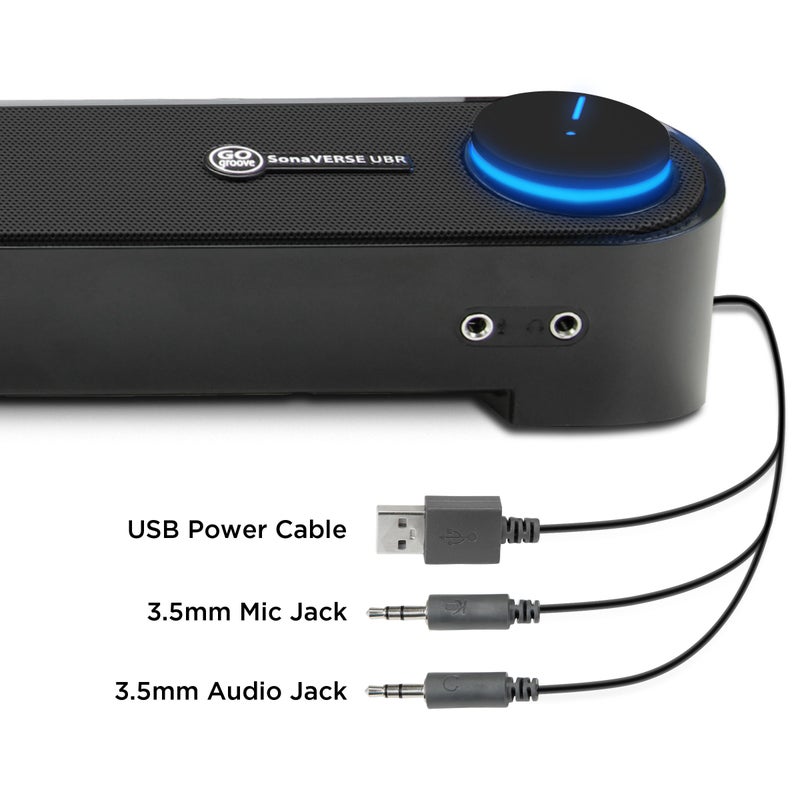 GoGroove مكبر صوت كمبيوتر GOgroove ميني ساوندبار - بار صوتي يعمل بالطاقة عبر USB مع إعداد سهل، AUX سلكي، صوت ستيريو، منفذ ميكروفون، مقبض تحكم في الصوت، تصميم تحت الشاشة لسطح المكتب (أسود) - Image 4