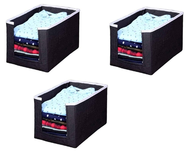 SHREY CREATION SHREY CREATION Set Of 3 Non Woven Fabric Shirt StackerCloth Storage Foldable Wardrobecloset Organizer With Handle For Tshirts Shirts Clothes L40 W25 H25 Black  - Image 1