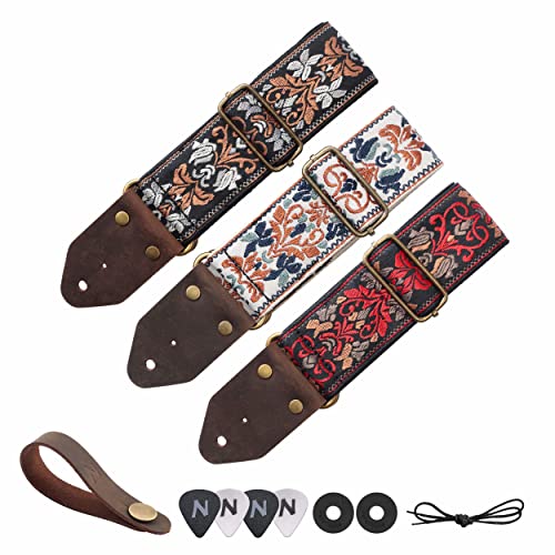 Nefelibata Guitar Strap,Jacquard Embroidery Cotton Guitar Straps with Crazy Horse Leather Ends for Bass, Electric & Acoustic, Best Gifts for Kids, Guitarists(Golden Jacquard) - Image 5