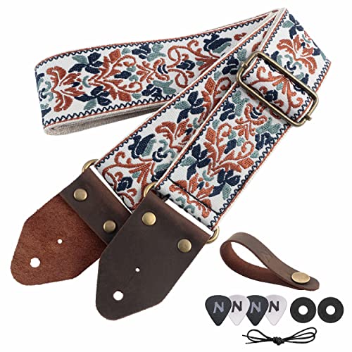 Nefelibata Guitar Strap,Jacquard Embroidery Cotton Guitar Straps with Crazy Horse Leather Ends for Bass, Electric & Acoustic, Best Gifts for Kids, Guitarists(Golden Jacquard) - Image 1
