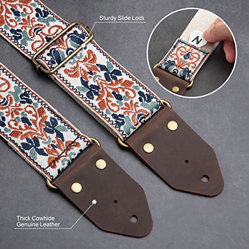 Nefelibata Guitar Strap,Jacquard Embroidery Cotton Guitar Straps with Crazy Horse Leather Ends for Bass, Electric & Acoustic, Best Gifts for Kids, Guitarists(Golden Jacquard) - Image 2