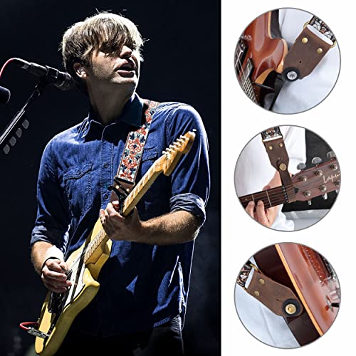Nefelibata Guitar Strap,Jacquard Embroidery Cotton Guitar Straps with Crazy Horse Leather Ends for Bass, Electric & Acoustic, Best Gifts for Kids, Guitarists(Golden Jacquard) - Image 4