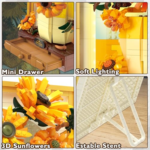 JMBricklayer Flowers Sunflower Building Sets for Adult with Lights 70004, Van Gogh Wall Art Crafts Ideas Flower Bouquet, Painting Frame Room Decor, Valentine’s Day Birthday Gifts for Women Girl - Image 5