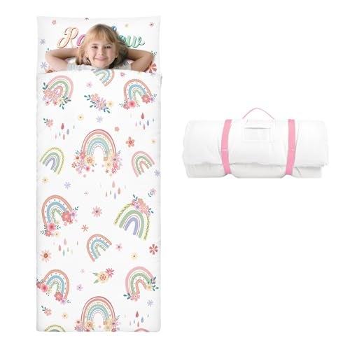 Decalsweet Kids Sleeping Bag Toddler Nap Mat with Removable Pillow Large Foldable Sleeping Bag for Girls Boys Easy Clean Slumber Bag with Double Zip for Camping School Preschool Daycare 5924 inch - Image 1