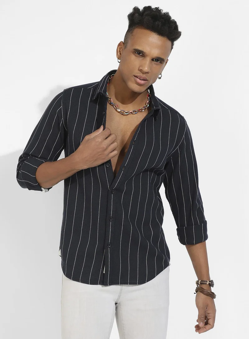 Campus Sutra Men's Navy Blue Shadow Striped Shirt