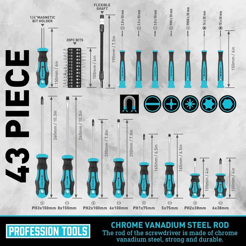 Amartisan Magnetic Screwdrivers Set with Case, 43-piece Includs Slotted, Phillips, Hex, Pozidriv,Torx and Precision Screwdriver Set, Magnetizer Demagnetizer Tools, Tools for Men (Blue)) - Image 5