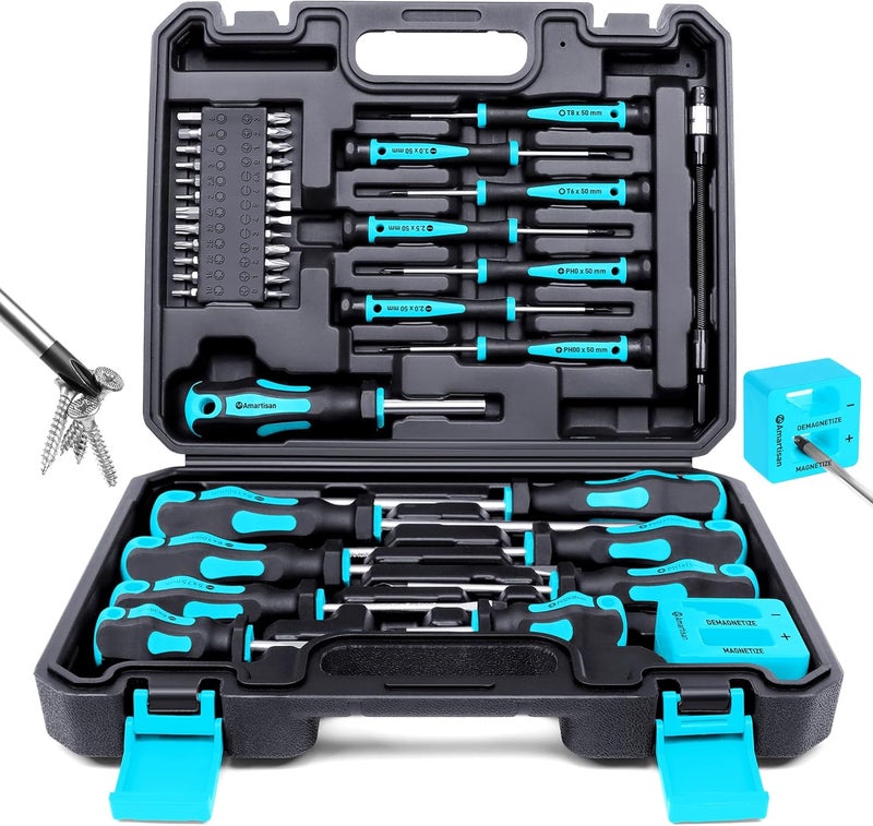 Amartisan Magnetic Screwdrivers Set with Case, 43-piece Includs Slotted, Phillips, Hex, Pozidriv,Torx and Precision Screwdriver Set, Magnetizer Demagnetizer Tools, Tools for Men (Blue)) - Image 1