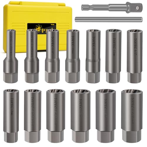 Topec 15PCS Deep Bolt Extractor Kit, 6mm-19mm Nut Extractor Socket Set, 3/8" Drive Rounded Bolt Remover, Spark Plug Extractor Tool for Broken, Stripped, Damaged, Rusted Stud and Bolt Nuts - Image 1