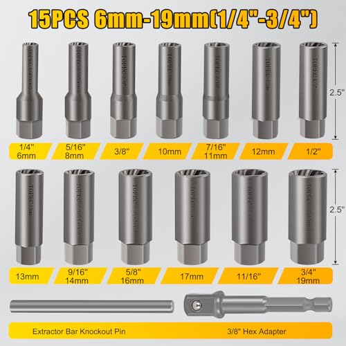 Topec 15PCS Deep Bolt Extractor Kit, 6mm-19mm Nut Extractor Socket Set, 3/8" Drive Rounded Bolt Remover, Spark Plug Extractor Tool for Broken, Stripped, Damaged, Rusted Stud and Bolt Nuts - Image 3