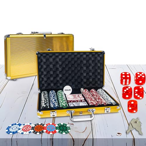 WISHKEY Golden Casino Style Poker Set, 300 Pcs Ceramic Printed Denomination Chips with Lockable Aluminum Finish Case 2 Decks of Cards 5 Dice 1 Dealer Button 2 Keys Classic Multiplayer Game, 14+ Years - Image 1
