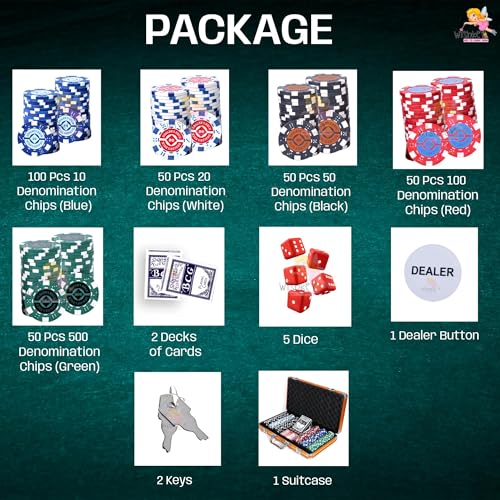 WISHKEY Golden Casino Style Poker Set, 300 Pcs Ceramic Printed Denomination Chips with Lockable Aluminum Finish Case 2 Decks of Cards 5 Dice 1 Dealer Button 2 Keys Classic Multiplayer Game, 14+ Years - Image 5
