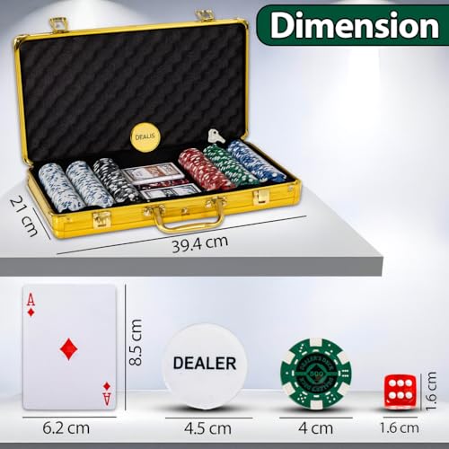 WISHKEY Golden Casino Style Poker Set, 300 Pcs Ceramic Printed Denomination Chips with Lockable Aluminum Finish Case 2 Decks of Cards 5 Dice 1 Dealer Button 2 Keys Classic Multiplayer Game, 14+ Years - Image 2