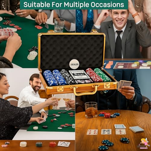 WISHKEY Golden Casino Style Poker Set, 300 Pcs Ceramic Printed Denomination Chips with Lockable Aluminum Finish Case 2 Decks of Cards 5 Dice 1 Dealer Button 2 Keys Classic Multiplayer Game, 14+ Years - Image 4