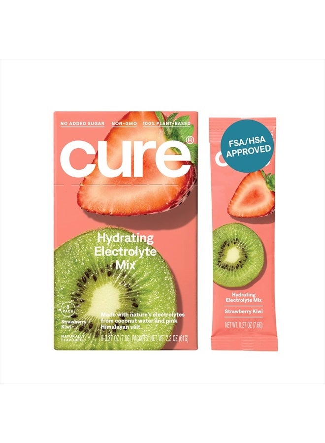 Cure Hydration خليط مشروب الإلكتروليت النباتي | بدون سكر مضاف | FSA و HSA | مسحوق تخفيف الجفاف مصنوع من ماء جوز الهند | غير معدل وراثيًا | نباتي | علبة تحتوي على 8 عبوات - فراولة كيوي - Image 1