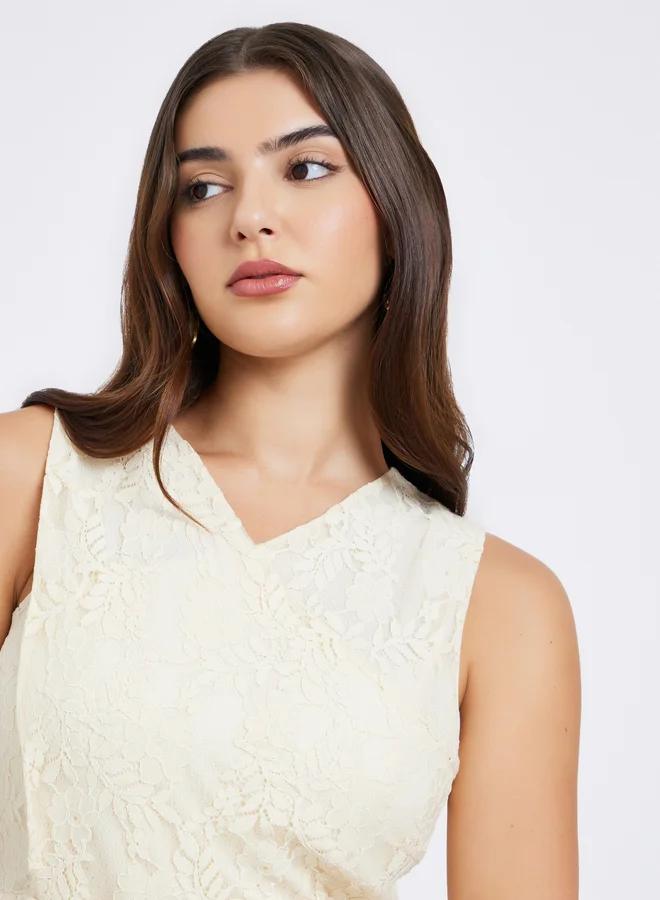 Styli beige Beige Lace Sleeveless Midi Dress for Women | Best Price UAE