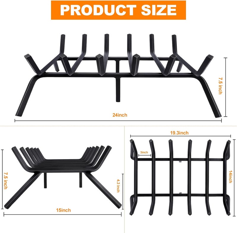 Loquat Fireplace Grate,Fireplace Log Holder,24 inch Heavy Duty Solid Cast Iron FIrewood Log Burning Rack for Inside The Fireplace Accessories Outood Fire Pit Kindling Fireplace Tools - Image 2
