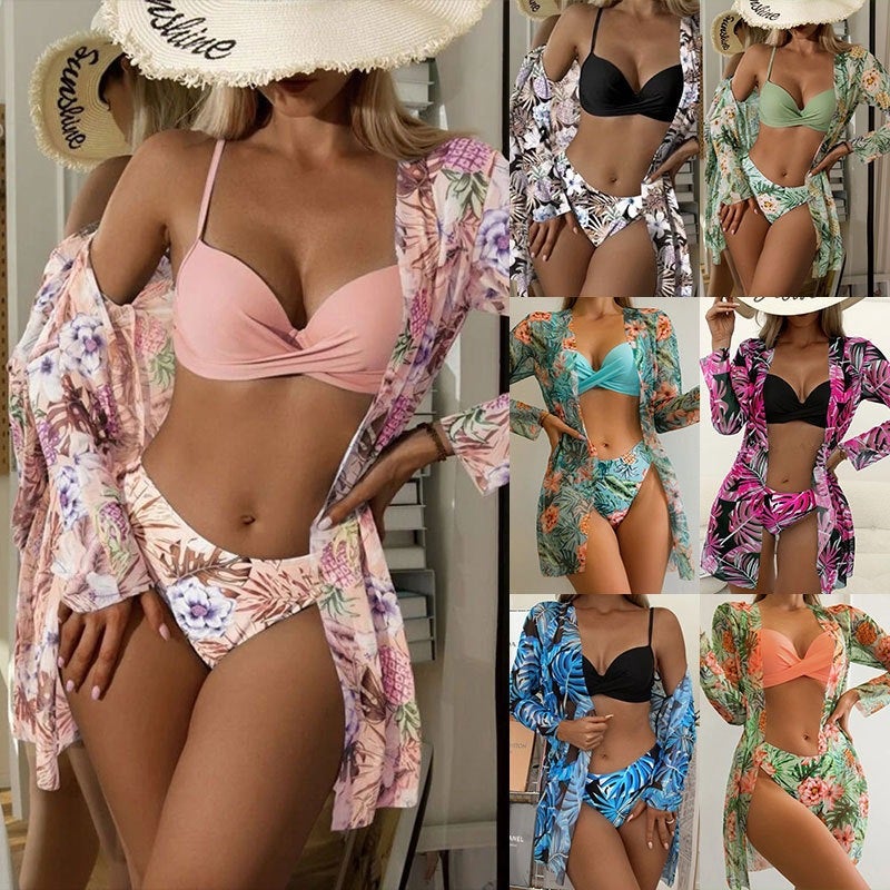 Women's 3-Piece Swimsuit Set with Long Sleeves and Printed Design - Image 1
