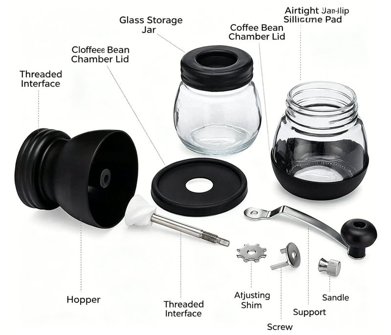 Glass Hand-Cranked Coffee Grinder Set, Manual Coffee Grinder with One Clean Brush and Spoon - Image 5