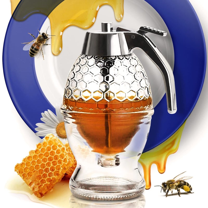CLEVLI Honey Dispenser – No Drip Glass with Stand – Honey Jar – Clear Glass Honey Container with Dipper 8 Oz – Maple Syrup Dispenser – Honey Pot with Stand – Honey Bottle with Flip Top Lid - Image 1