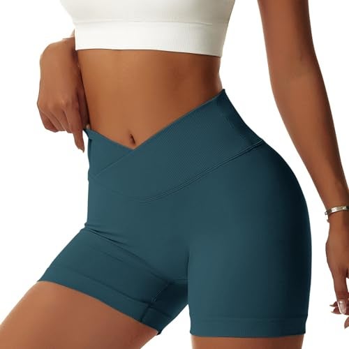 Vertvie Women's Workout Gym Shorts Booty V Cross Spandex Yoga Biker Shorts Scrunch Butt High Waisted Athletic Leggings (Dark Cyan,Large) - Image 2