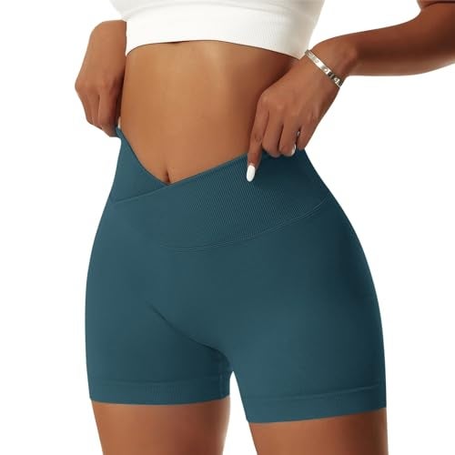 Vertvie Women's Workout Gym Shorts Booty V Cross Spandex Yoga Biker Shorts Scrunch Butt High Waisted Athletic Leggings (Dark Cyan,Large) - Image 1