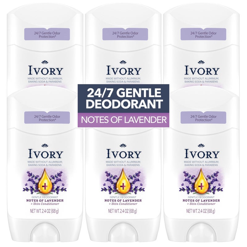 Ivory Aluminum Free Deodorant, Hint of Lavender, 24hr Gentle Deodorant, Dermatologist Tested, Baking Soda Free, Paraben Free, 2.4oz (Pack of 6) - Image 1
