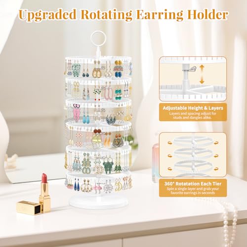 EsLuker.ly Earring Holder Organizer Rotating Stud Display Tree Rack with 342 U-Slots for Women Girls, Large Adjustable 6 Tier Plastic Storage Stand with Metal Tray for Pierced Hoop Post Earring, White - Image 3