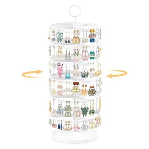 EsLuker.ly Earring Holder Organizer Rotating Stud Display Tree Rack with 342 U-Slots for Women Girls, Large Adjustable 6 Tier Plastic Storage Stand with Metal Tray for Pierced Hoop Post Earring, White - Image 1
