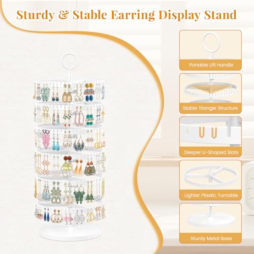 EsLuker.ly Earring Holder Organizer Rotating Stud Display Tree Rack with 342 U-Slots for Women Girls, Large Adjustable 6 Tier Plastic Storage Stand with Metal Tray for Pierced Hoop Post Earring, White - Image 5