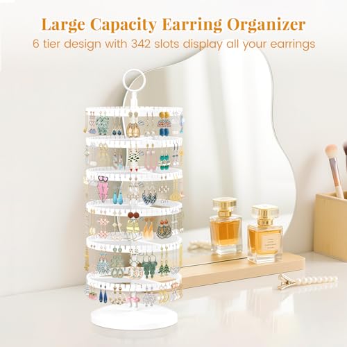 EsLuker.ly Earring Holder Organizer Rotating Stud Display Tree Rack with 342 U-Slots for Women Girls, Large Adjustable 6 Tier Plastic Storage Stand with Metal Tray for Pierced Hoop Post Earring, White - Image 2