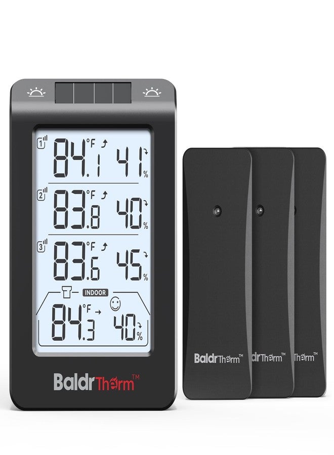 مقياس حرارة شمسي خارجي من BaldrTherm، جهاز لاسلكي لمراقبة درجة الحرارة والرطوبة بمدى يصل إلى 330 قدمًا، شاشة رقمية 4.8 بوصة، إضاءة خلفية ذكية، تنبيهات فورية، أسود - Image 1