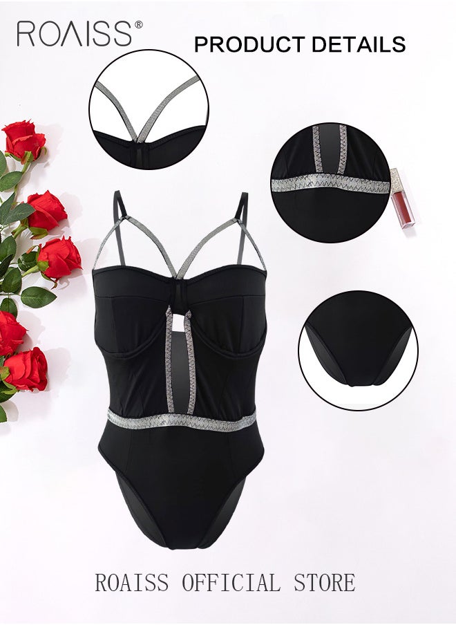 roaiss One Piece Lingerie Set for Women  Stitching Suit Ladies Slim Fit Waisted Bodysuit with Fancy Dressing Design  - Image 1