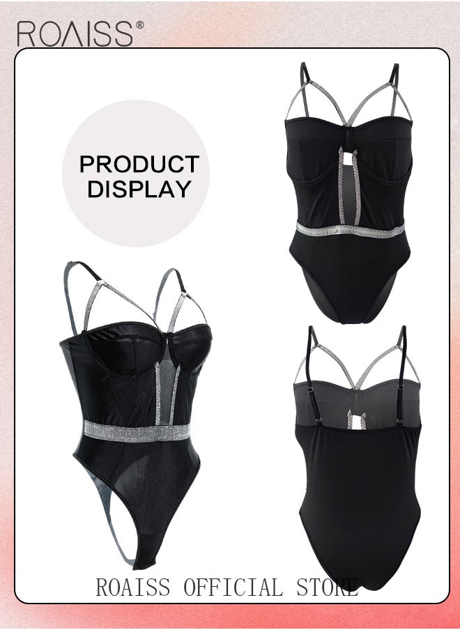 roaiss One Piece Lingerie Set for Women  Stitching Suit Ladies Slim Fit Waisted Bodysuit with Fancy Dressing Design  - Image 2