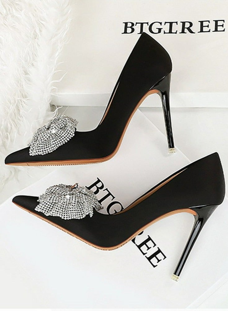 BIGTREE Women's Satin Closed Pointed Toe Stiletto Pump Rhinestone Bowknot Decoration High Heels Black 10.5CM - Image 3