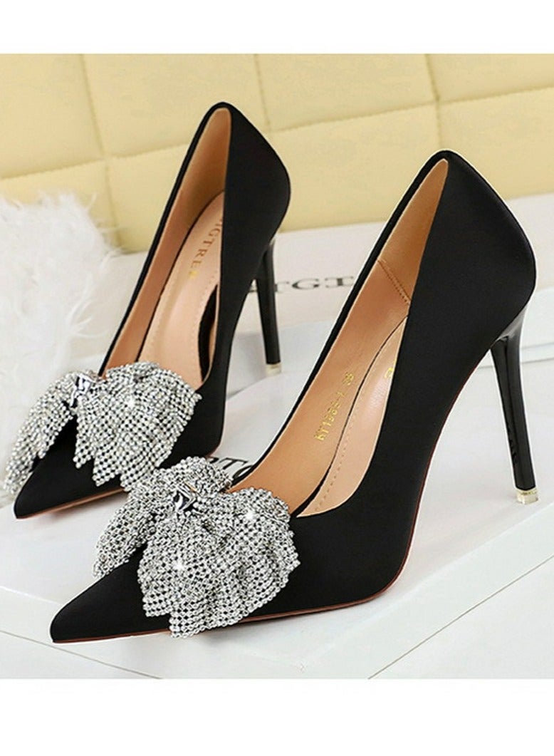 BIGTREE Women's Satin Closed Pointed Toe Stiletto Pump Rhinestone Bowknot Decoration High Heels Black 10.5CM - Image 1