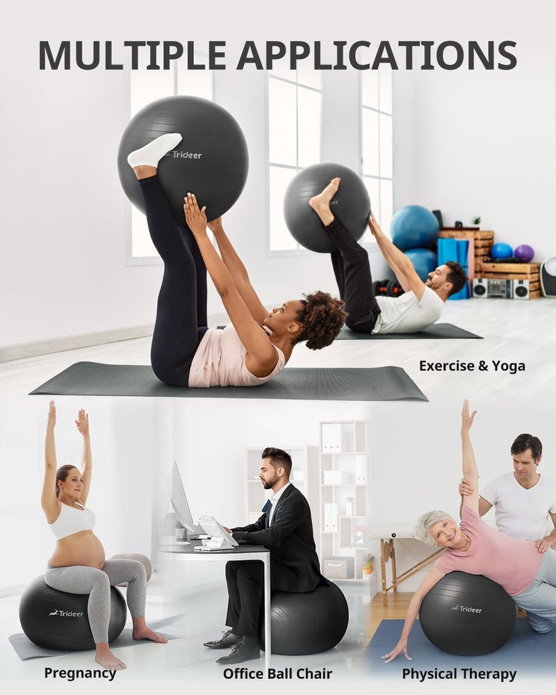 Trideer Extra Thick Yoga Ball Exercise Ball, 5 Sizes Ball Chair, Heavy Duty Swiss Ball for Balance, Stability, Pregnancy and Physical Therapy, Quick Pump Included (Black, M(19-22ines/48-55cm)) - Image 2
