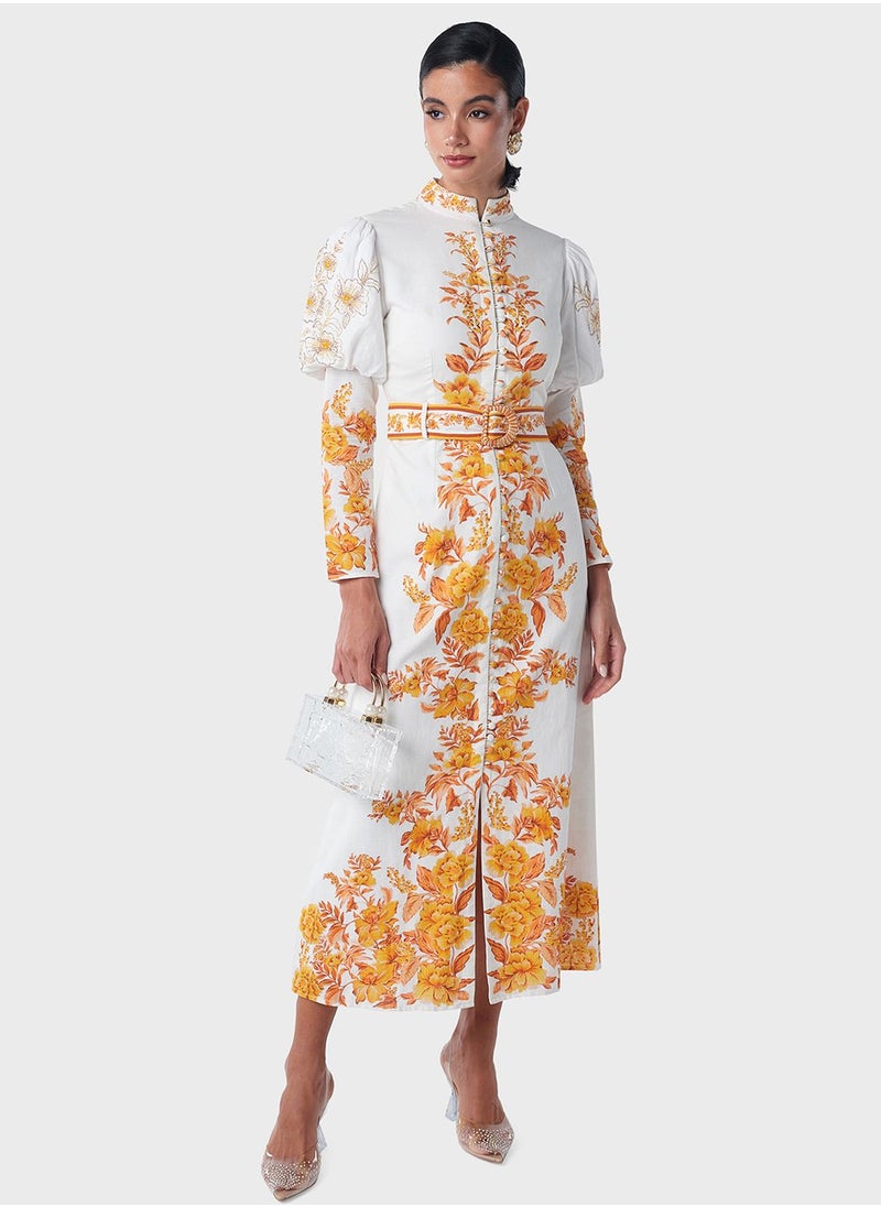 Threadz by Ajooni - Embellished Puff Sleeve Printed Shirt Dress - Image 1