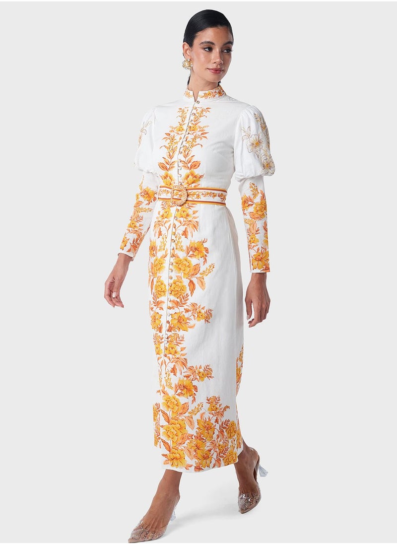 Threadz by Ajooni - Embellished Puff Sleeve Printed Shirt Dress - Image 1