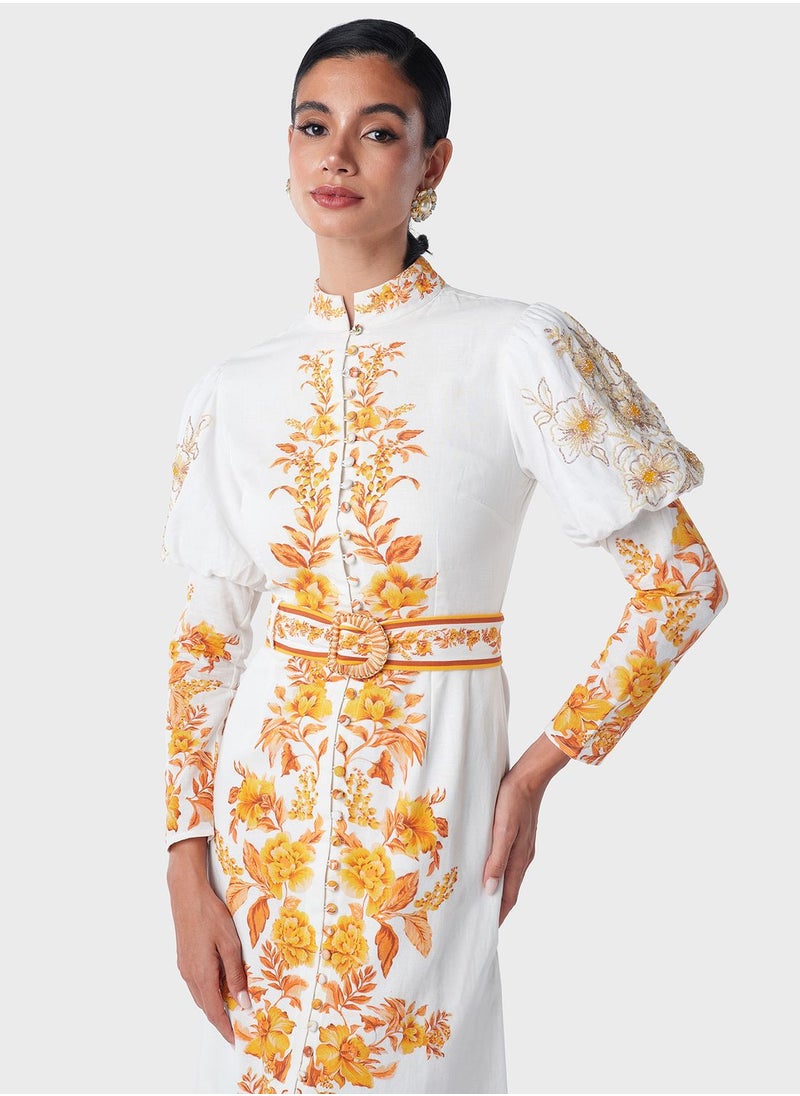 Threadz by Ajooni - Embellished Puff Sleeve Printed Shirt Dress - Image 1