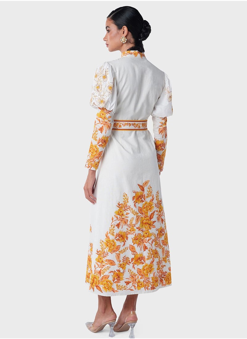 Threadz by Ajooni - Embellished Puff Sleeve Printed Shirt Dress - Image 1
