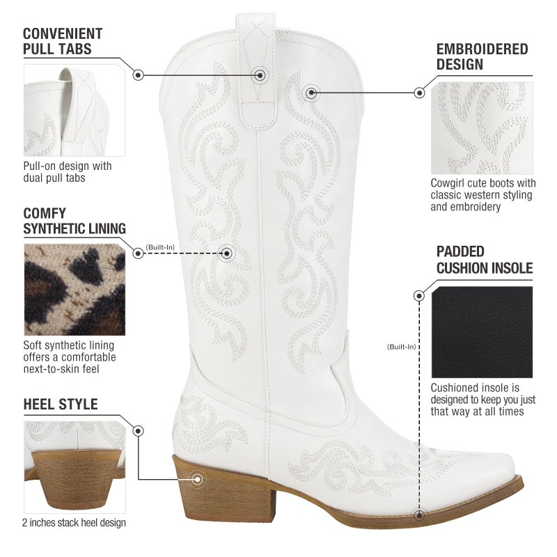 HISEA Rollda Cowboy Boots for Women Western Cowgirl Boots with Chunky Heel Ladies Snip Toe Mid-Calf Boots White Size 8 - Image 5