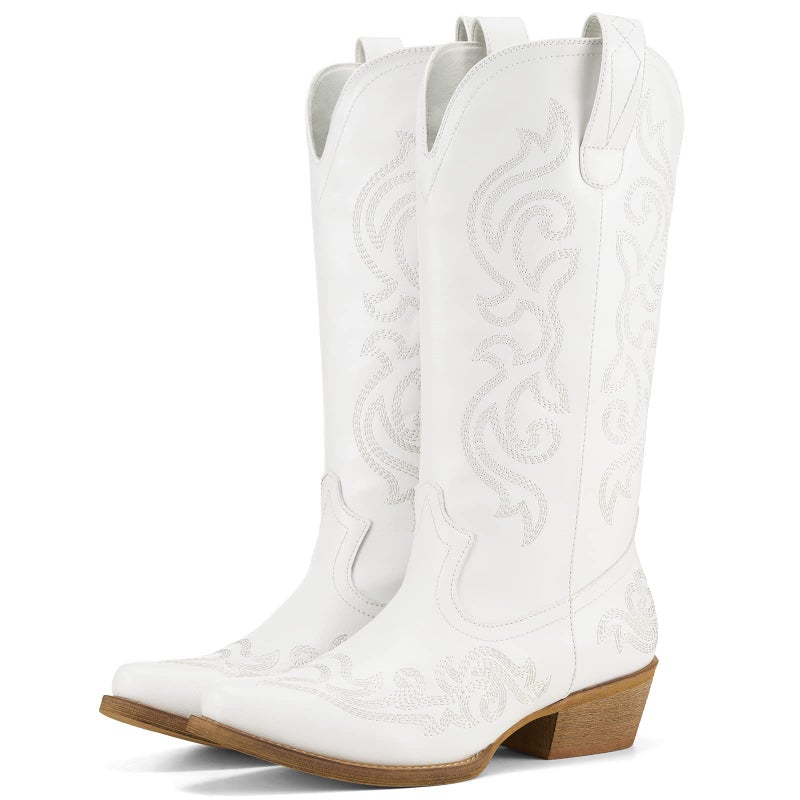 HISEA Rollda Cowboy Boots for Women Western Cowgirl Boots with Chunky Heel Ladies Snip Toe Mid-Calf Boots White Size 8 - Image 1