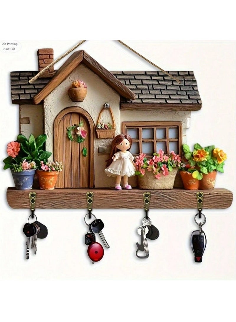 Wall Mounted Key Holder – Decorative House Design with Doll and Flower Pots, Cute Rustic Style Key Rack for Entryway, Living Room & Office