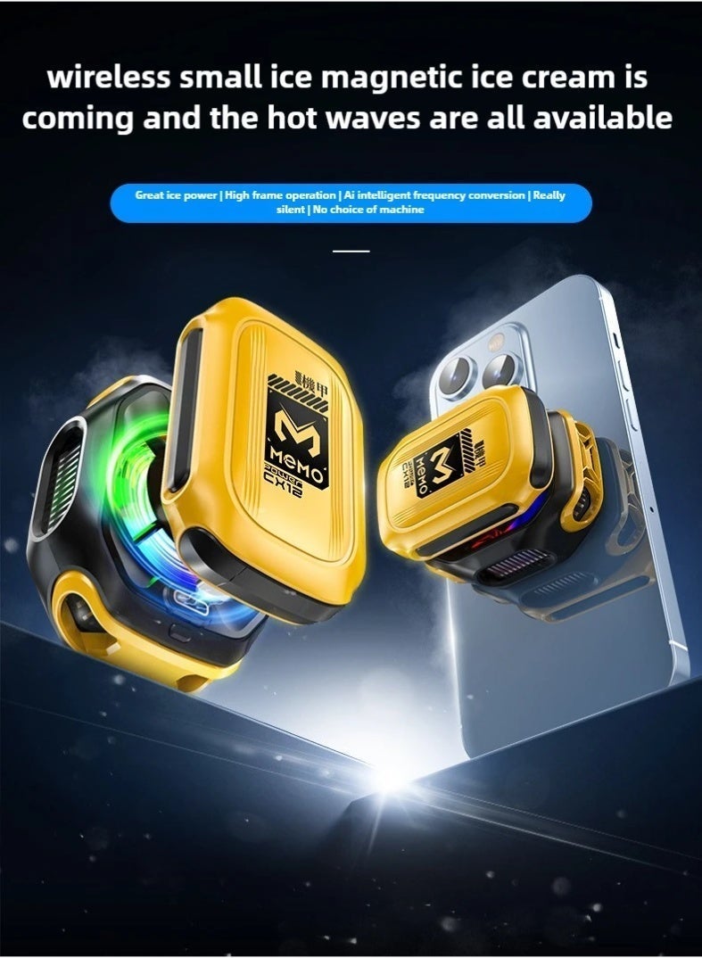 MEMO CX12 Semiconductor Phone Cooler for Game Fan PUBG, 2-Speed Adjustable Portable Phone Cooling Radiator Without Noise, AI Smart Temperature Control Yellow Cell Phone Cooler for Mobile Gaming & Live Streaming - Image 5